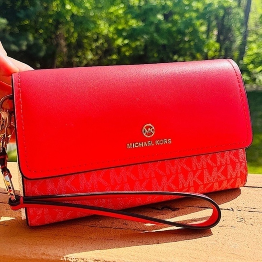 Michael Kors Large Flap Phone Wallet Wristlet Red MK Logo 18K Gold Tone NWT